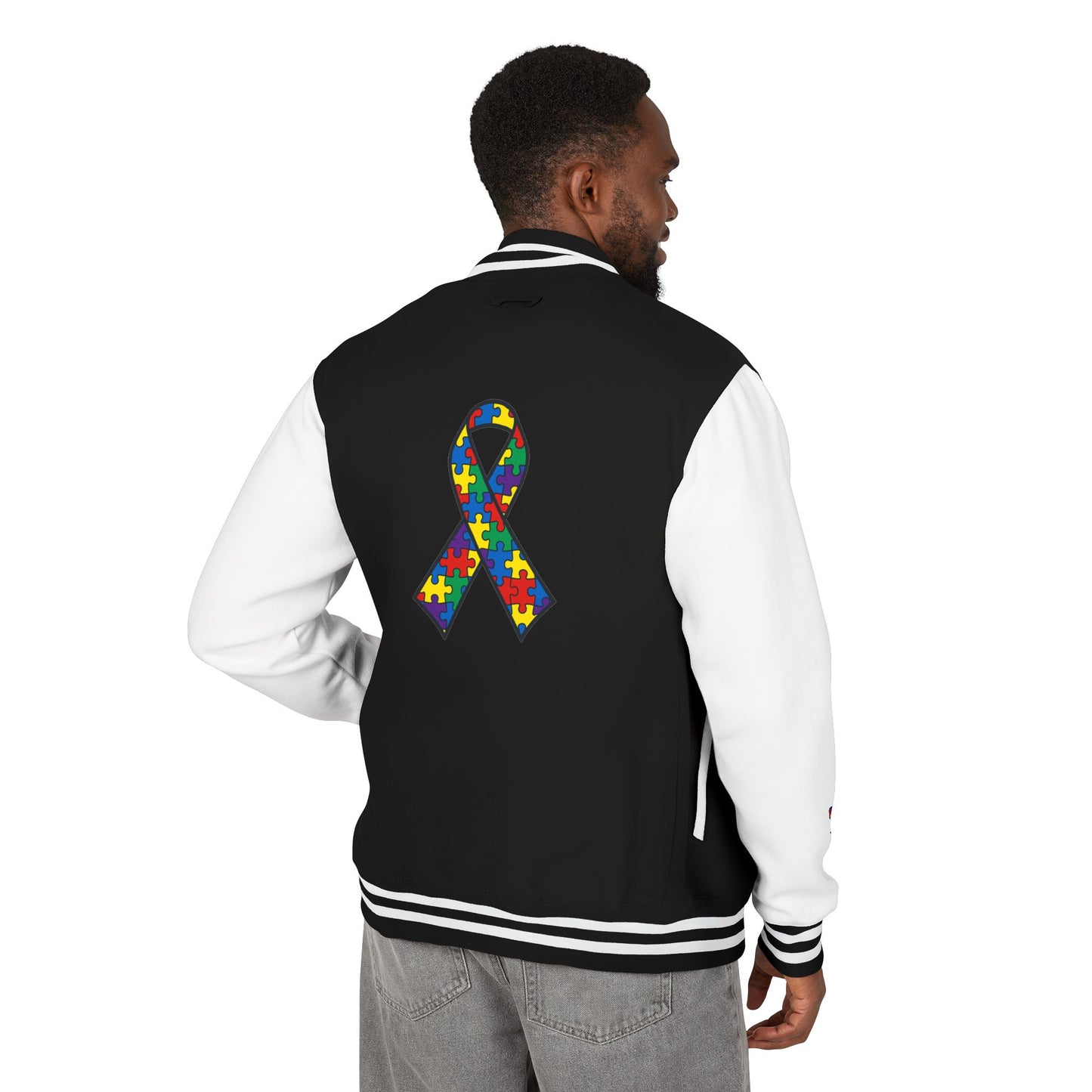 Autism Awareness - Unisex Heavyweight Letterman Jacket - Colorful Puzzle Ribbon Design