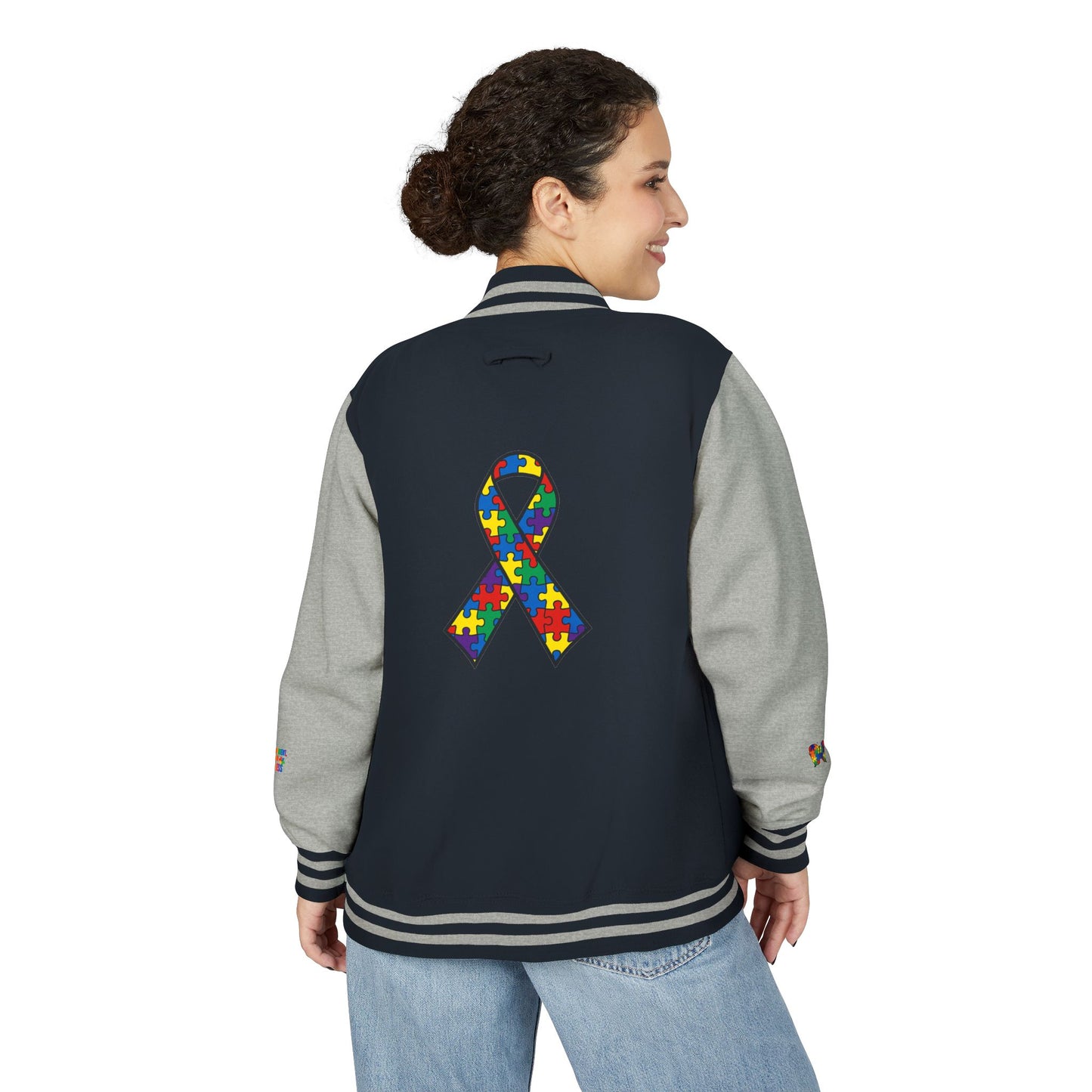 Autism Awareness - Unisex Heavyweight Letterman Jacket - Colorful Puzzle Ribbon Design