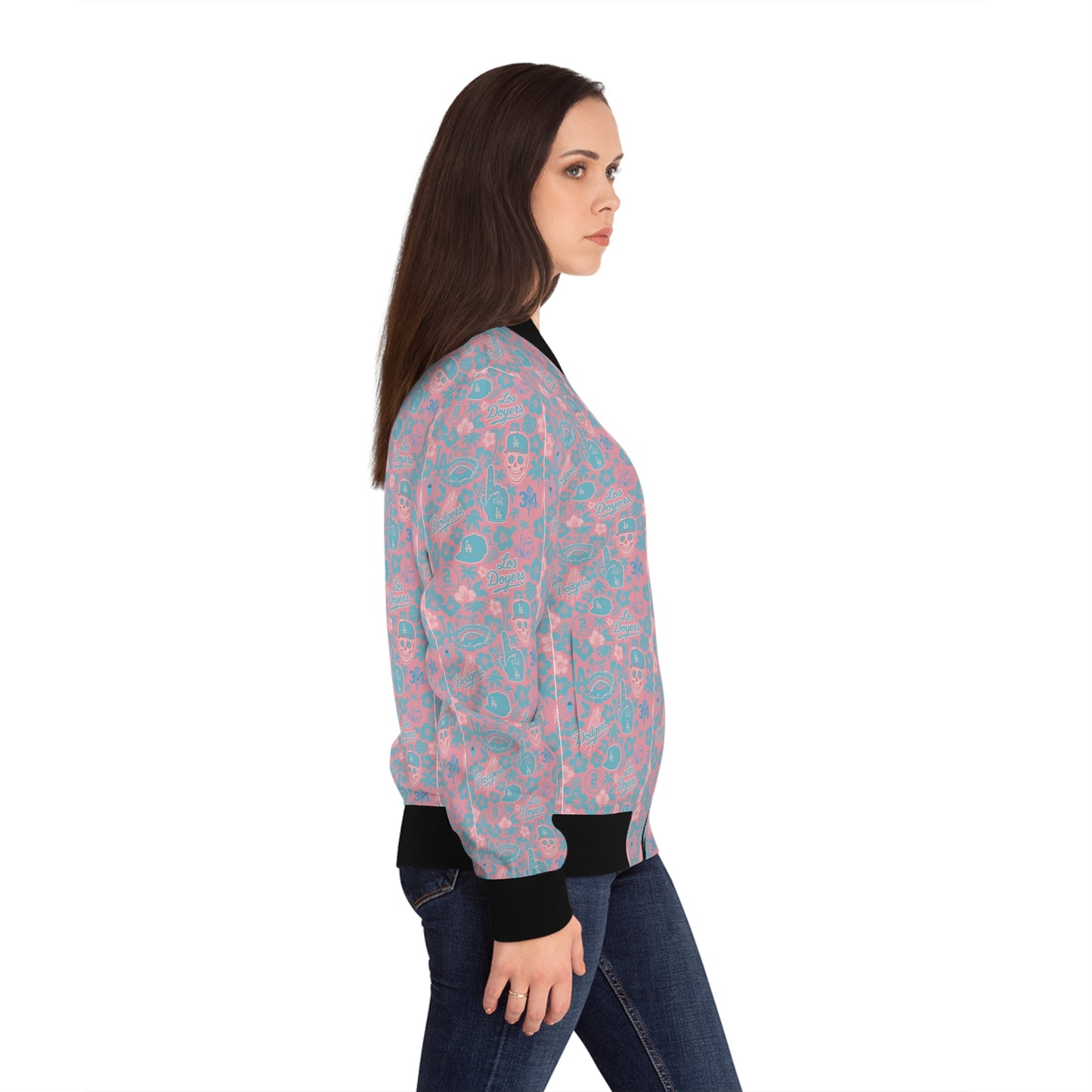 Dodger Women's "Pink Aloha Pattern" Bomber Jacket with Vibrant Floral Skull Design